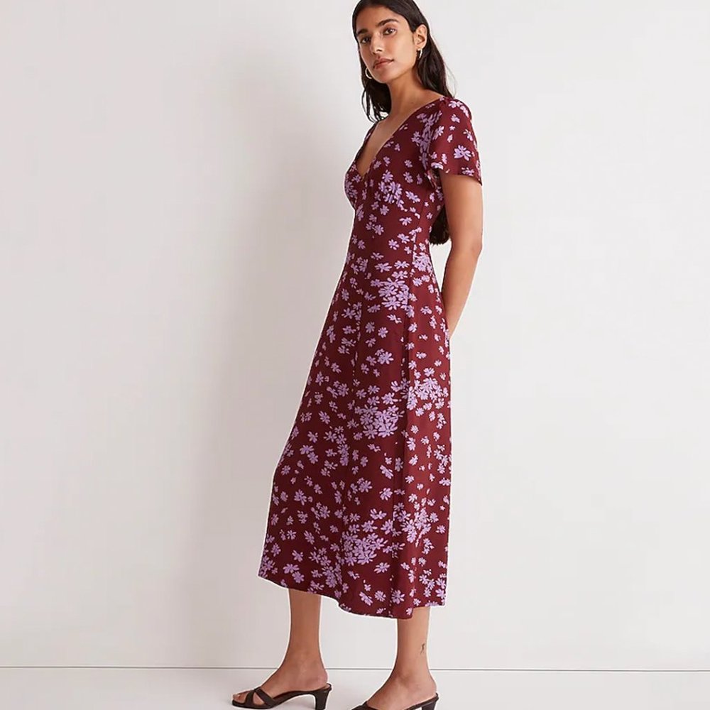 Madewell V-Neck Flutter-Sleeve Midi Dress | Cabernet | Size 00